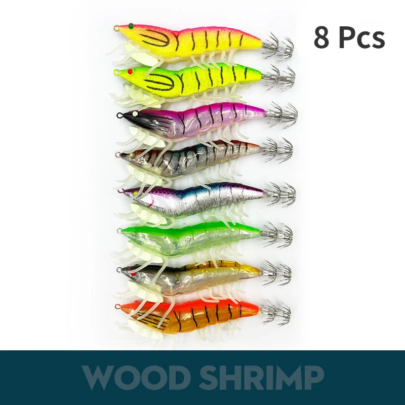 Wooden Shrimp Lures 8pcs - Squid Fishing Hooks