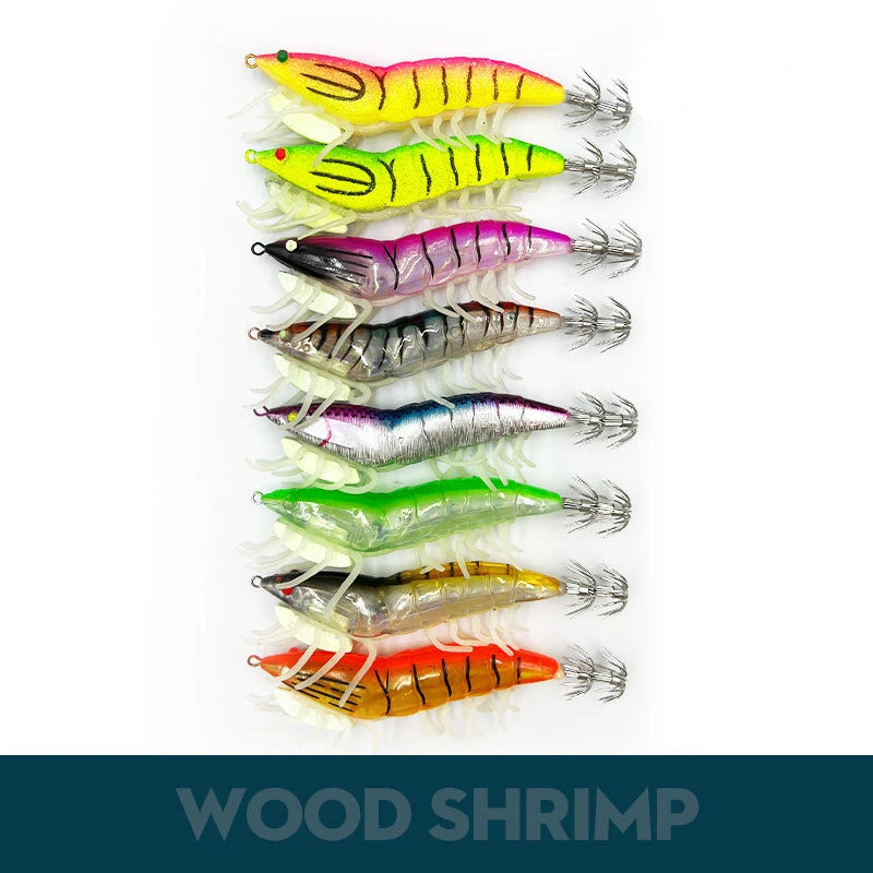 Wooden Shrimp Lures 8pcs - Squid Fishing Hooks