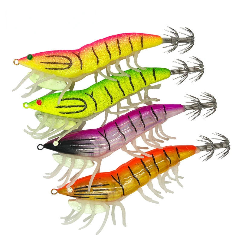 Wooden Shrimp Lures 8pcs - Squid Fishing Hooks
